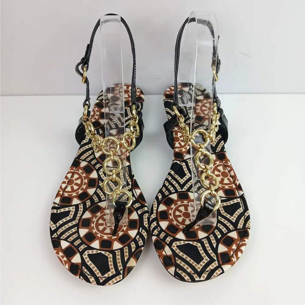 Johnston & Murphy SZ 10M Black Patent Leather & Gold Chain Link Thong Sandals